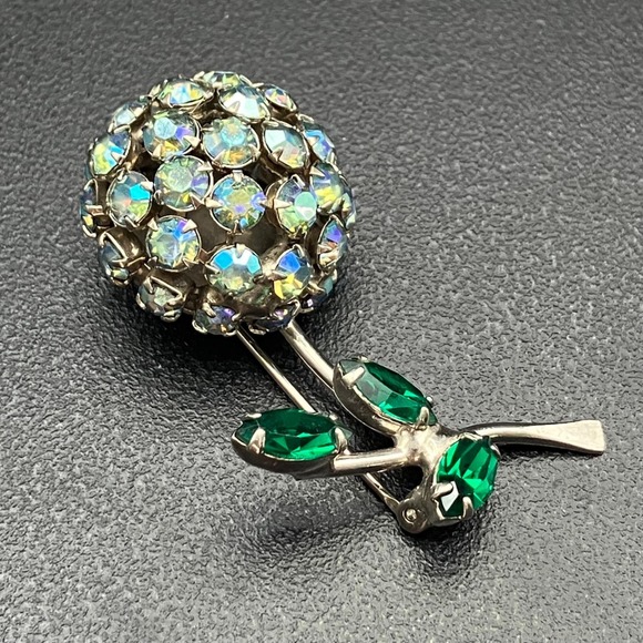 Warner Jewelry - Vintage Warner Rhinestone Flower Brooch Blue AB Iridescent Domed Floral Pin 2"